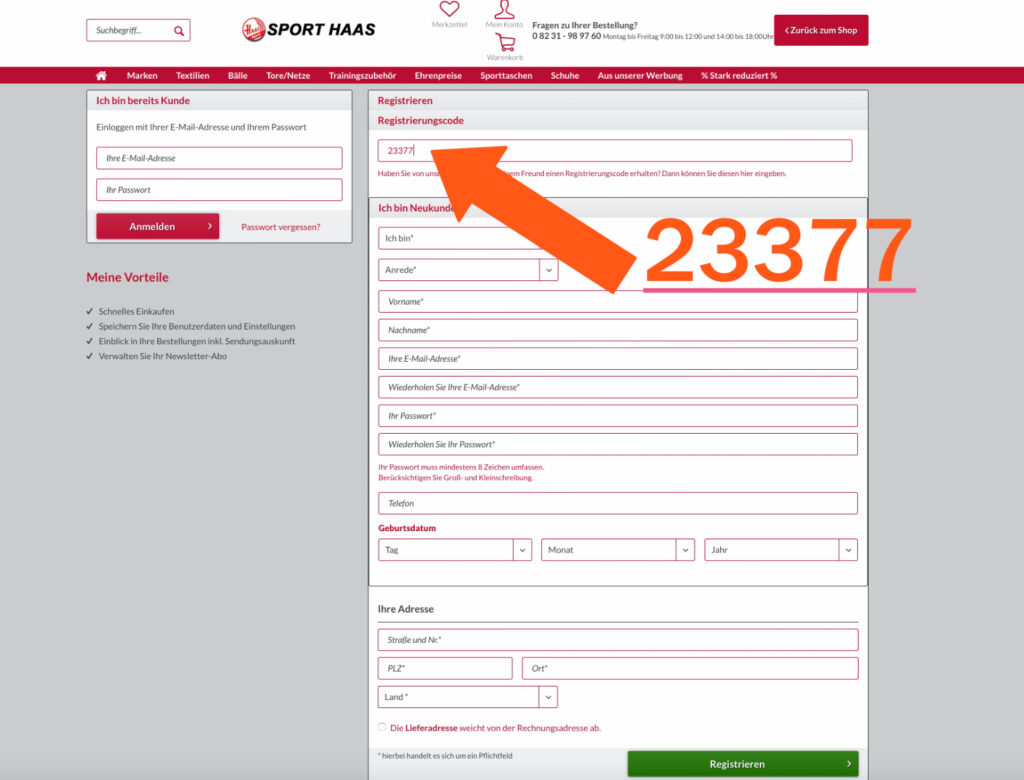 Bitte den VfL Registrierungscode 23377 eingeben! Des Weiteren die persönlichen Daten ergänzen und auf Registrierung klicken!