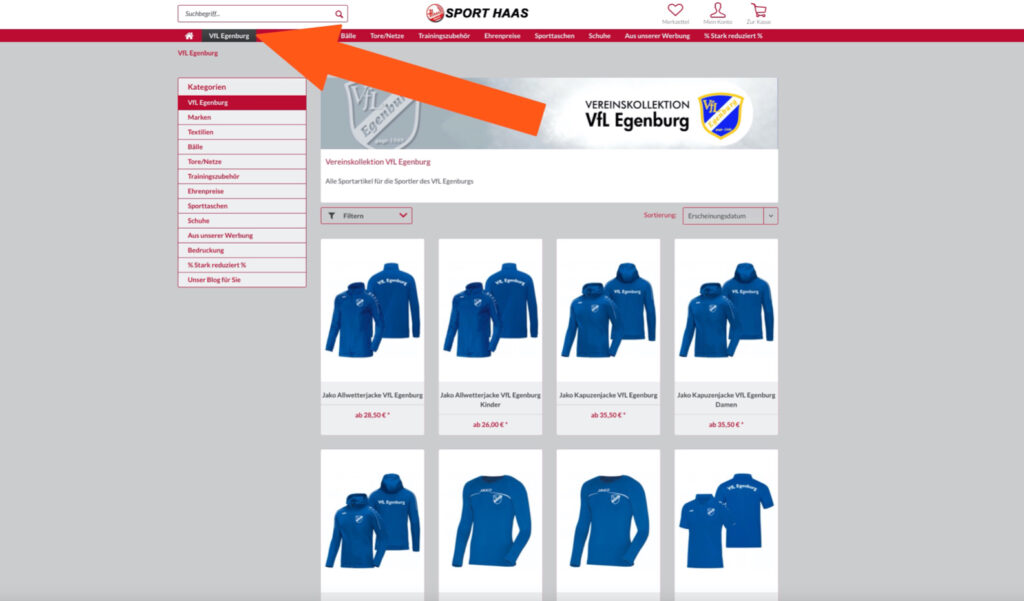 Unter " VfL Egenburg" die aktuelle Kollektion bestellen, fertig!