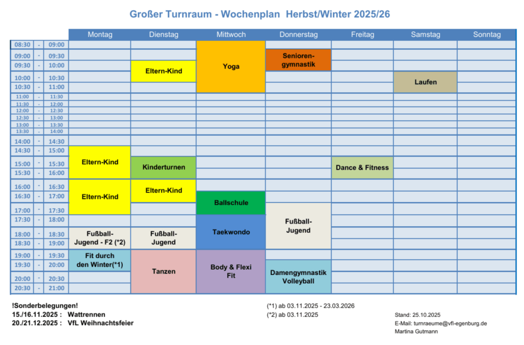Belegungsplan großer Turnraum Herbst/Winter 2025/26