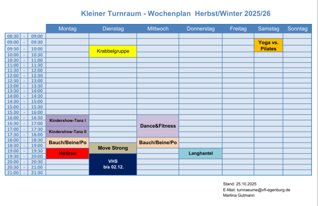 Belegungsplan kleiner Turnraum Herbst/Winter 2025/26