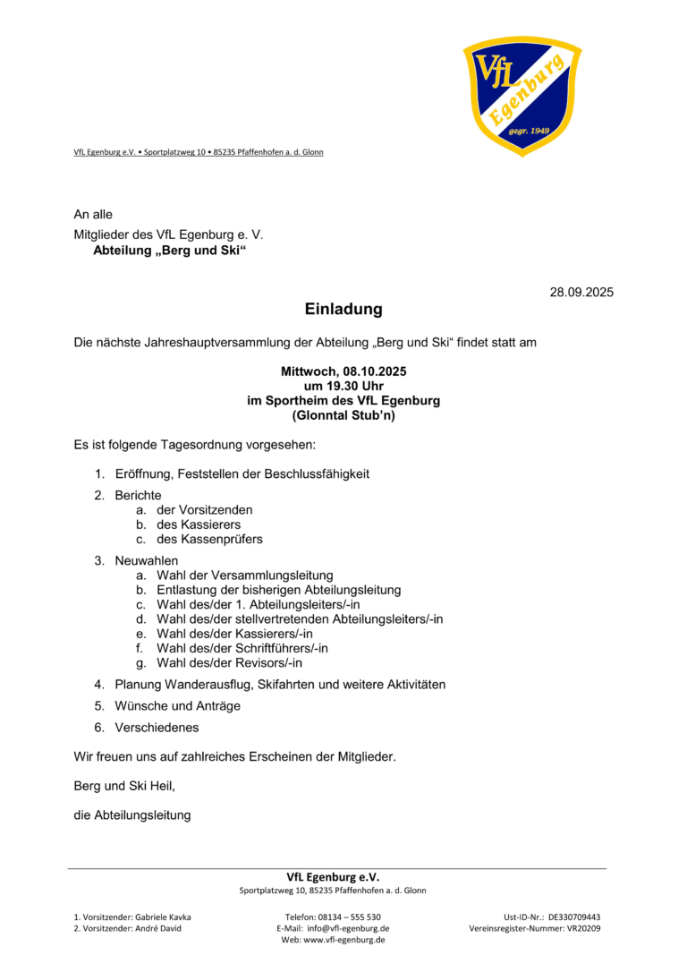 Einladung Jahreshauptversammlung Abteilung Berg und Ski