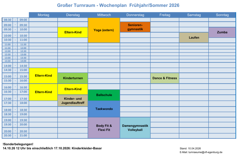 Belegungsplan großer Turnraum Frühjahr, Sommer 2026