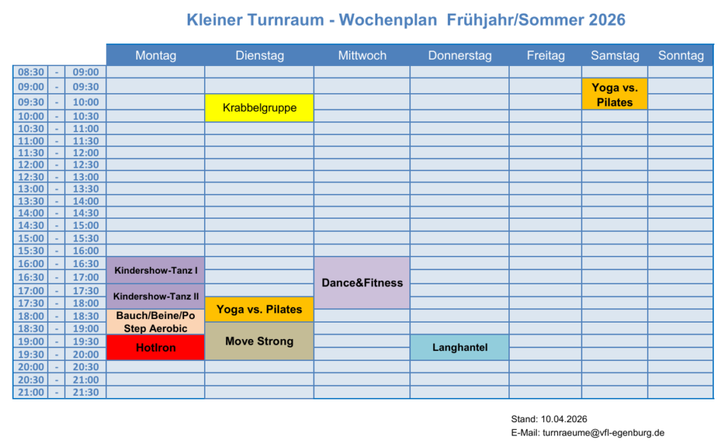 Belegungsplan kleiner Turnraum Frühjahr, Sommer 2026